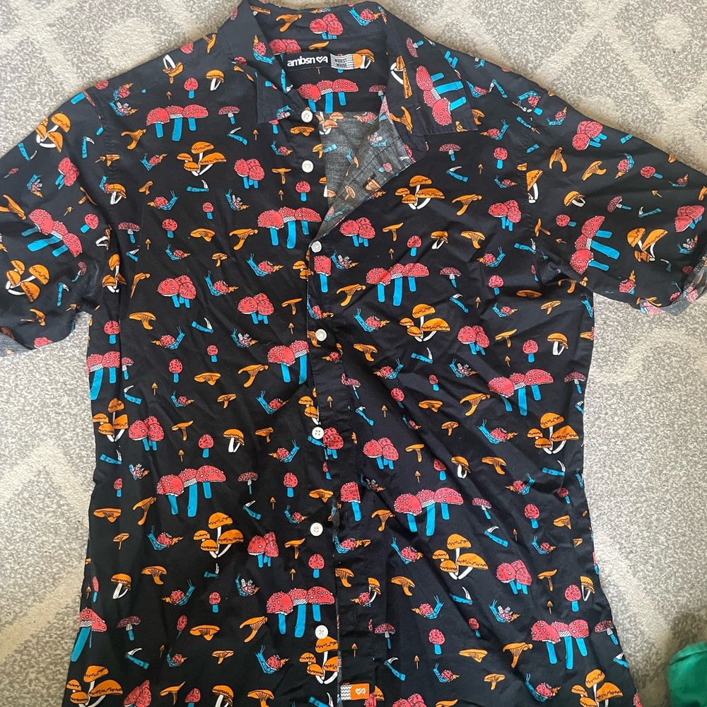 Men's Black Button-Down Shirt with Colorful Mushroom Print